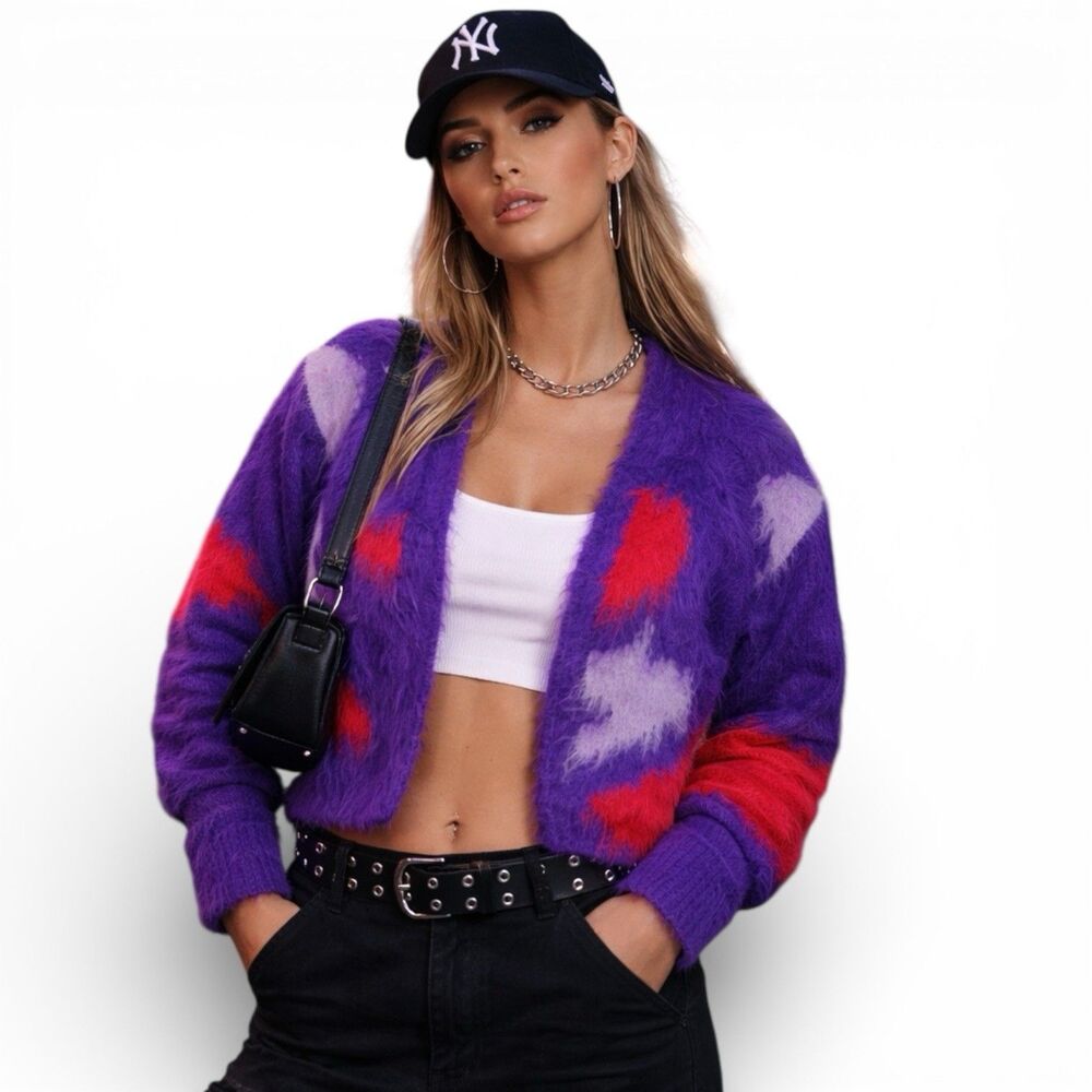 Zara Wool Blend Fuzzy Cardigan Womens M Purple Red Cropped Abstract Streetwear